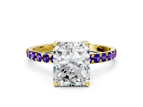 Yellow gold Radiant Cut Diamond Solitaire Engagement Ring with Round with Tanzanite side stone Pavé Band and Prong Setting