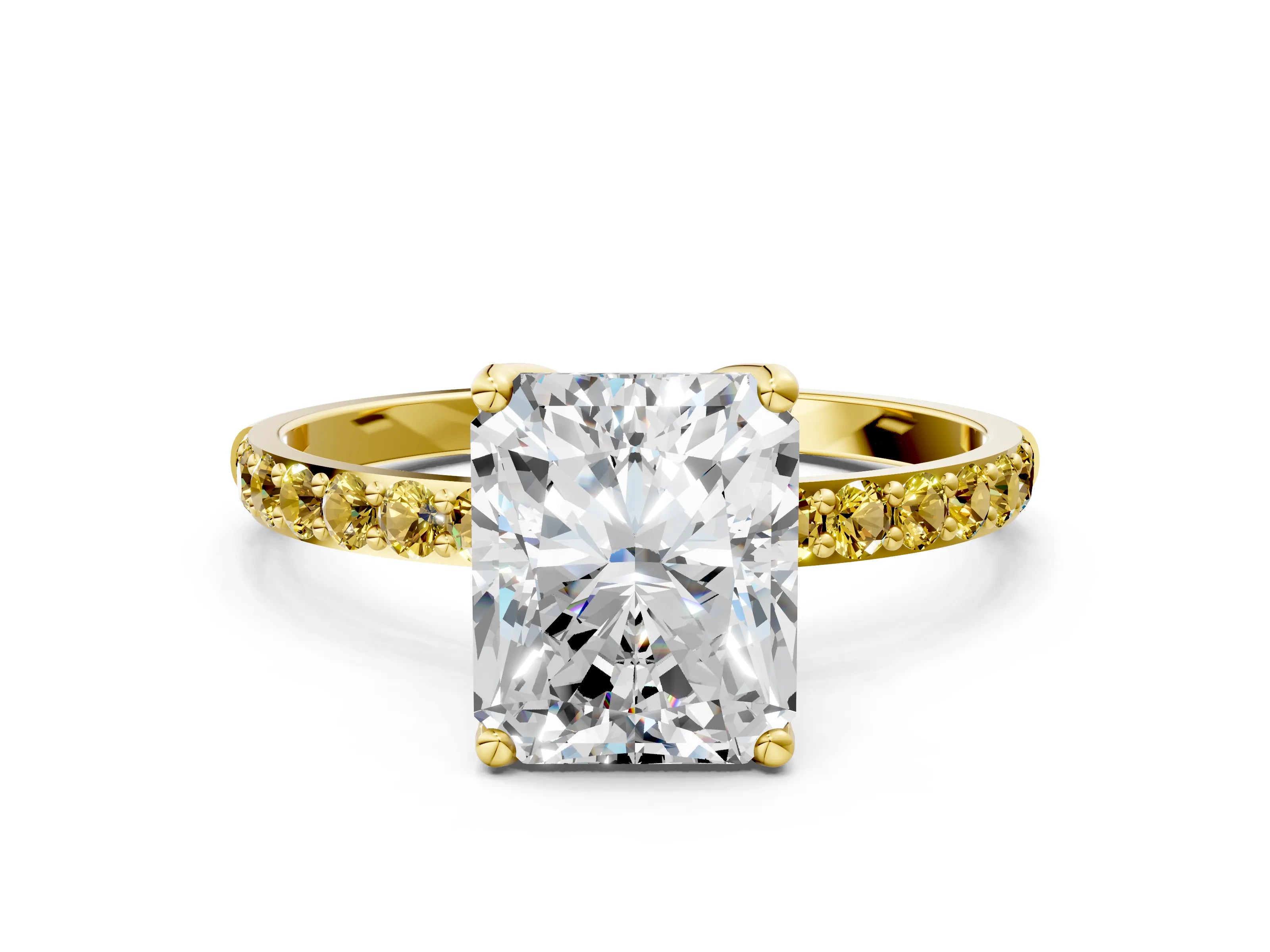 Yellow gold Radiant Cut Diamond Solitaire Engagement Ring with Round with Yellow Sapphire side stone Pavé Band and Prong Setting
