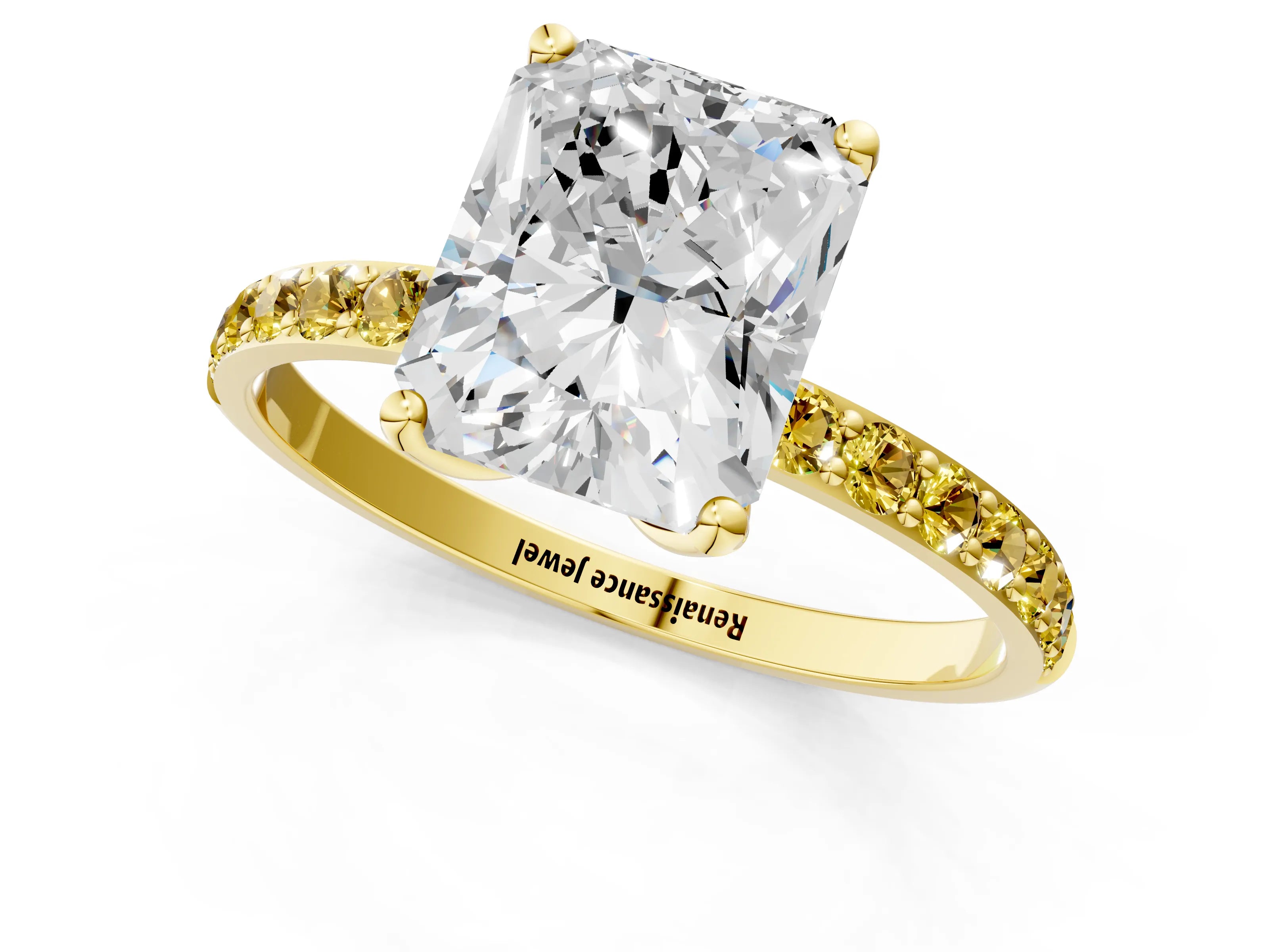 Yellow gold Radiant Cut Diamond Solitaire Engagement Ring with Round with Yellow Sapphire side stone Pavé Band and Prong Setting_1