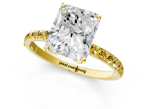 Yellow gold Radiant Cut Diamond Solitaire Engagement Ring with Round with Yellow Sapphire side stone Pavé Band and Prong Setting_1