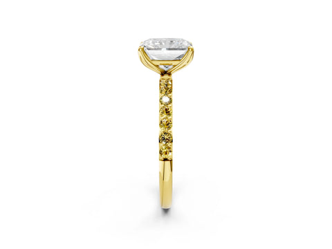 Yellow gold Radiant Cut Diamond Solitaire Engagement Ring with Round with Yellow Sapphire side stone Pavé Band and Prong Setting_2