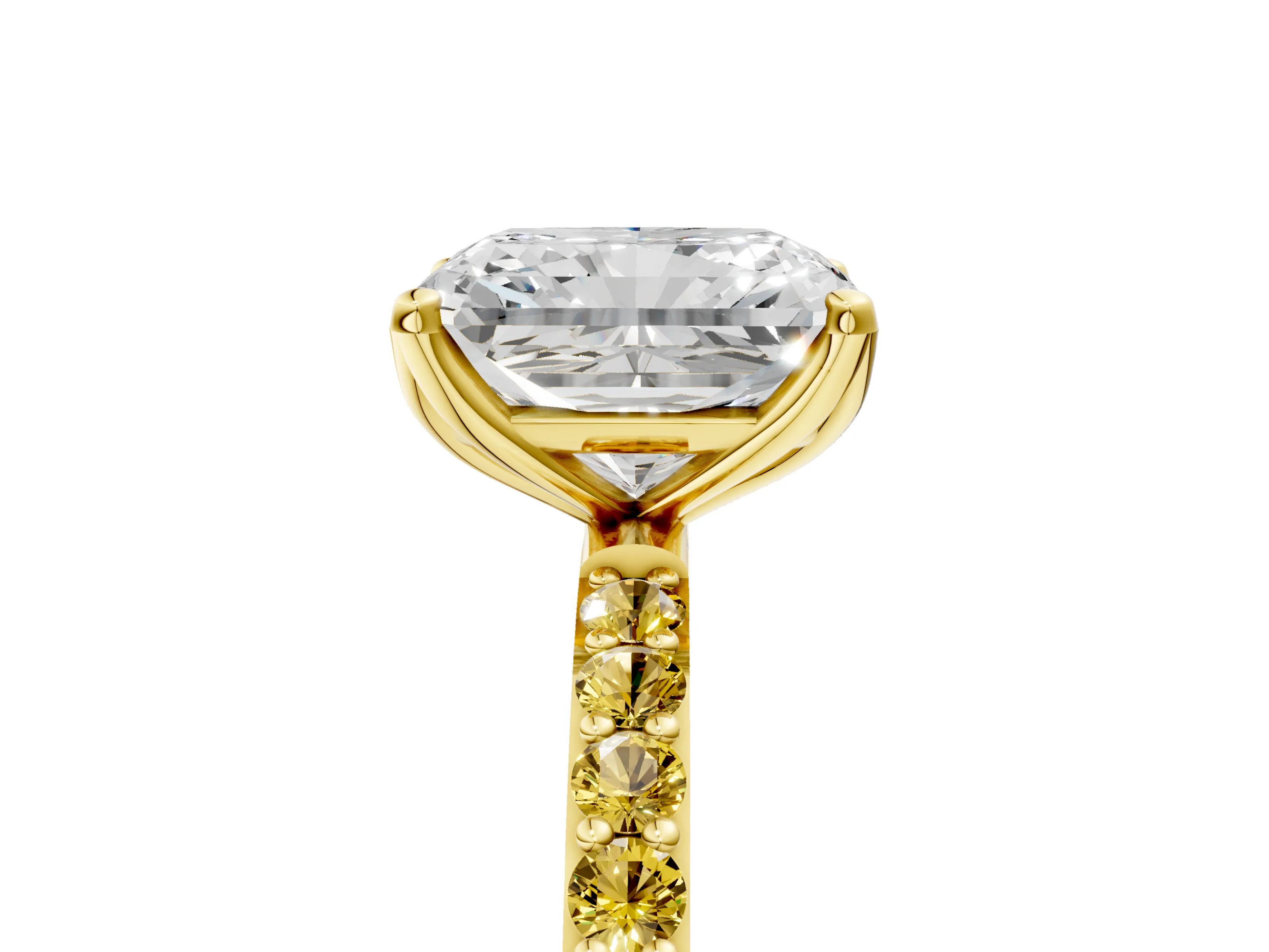 Yellow gold Radiant Cut Diamond Solitaire Engagement Ring with Round with Yellow Sapphire side stone Pavé Band and Prong Setting_5