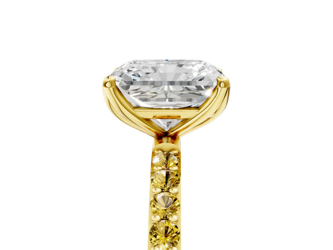 Yellow gold Radiant Cut Diamond Solitaire Engagement Ring with Round with Yellow Sapphire side stone Pavé Band and Prong Setting_5