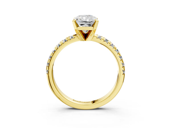 Yellow gold Radiant Cut Diamond Solitaire Pavé Engagement Ring with Round Band and Prong Setting