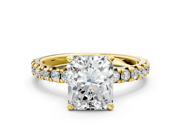 Yellow gold Radiant Cut Diamond Solitaire Pavé Engagement Ring with Round Band and Prong Setting