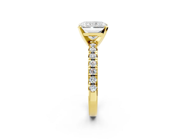 Yellow gold Radiant Cut Diamond Solitaire Pavé Engagement Ring with Round Band and Prong Setting