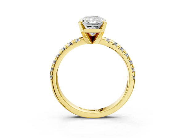 Yellow gold Radiant Cut Diamond Solitaire Pavé Engagement Ring with Round Band and Prong Setting