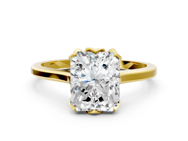 Yellow gold Radiant Cut Diamond Solitaire Ring with Flower Prong Setting and Classic Band