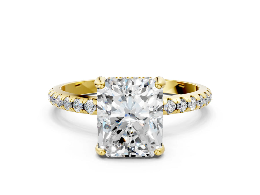 Yellow gold Radiant Cut Diamond Solitaire Ring with Four-Prong Setting and Pavé Band