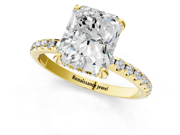 Yellow gold Radiant Cut Diamond Solitaire Ring with Four-Prong Setting and Pavé Band