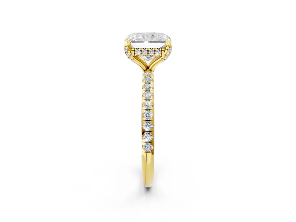 Yellow gold Radiant Cut Diamond Solitaire Ring with Four-Prong Setting and Pavé Band