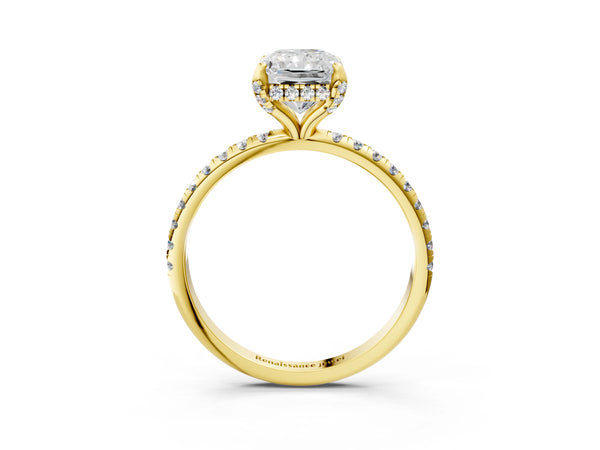 Yellow gold Radiant Cut Diamond Solitaire Ring with Four-Prong Setting and Pavé Band