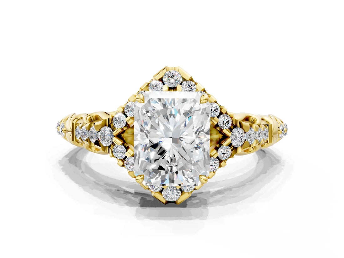 Yellow gold Radiant Cut Diamond Solitaire Ring with Hidden Halo and Pavé Band_48