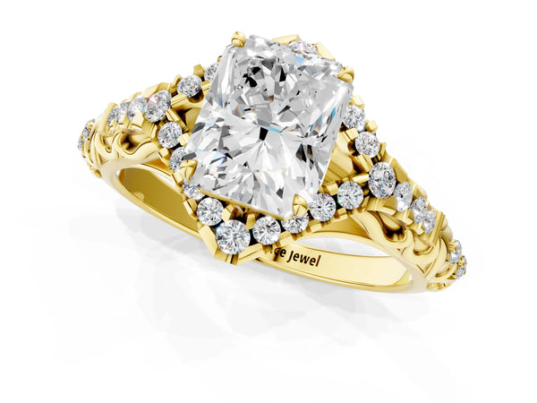 Yellow Gold Radiant Cut Hidden Halo Vintage Filigree Engagement Ring Setting with Pave Band
