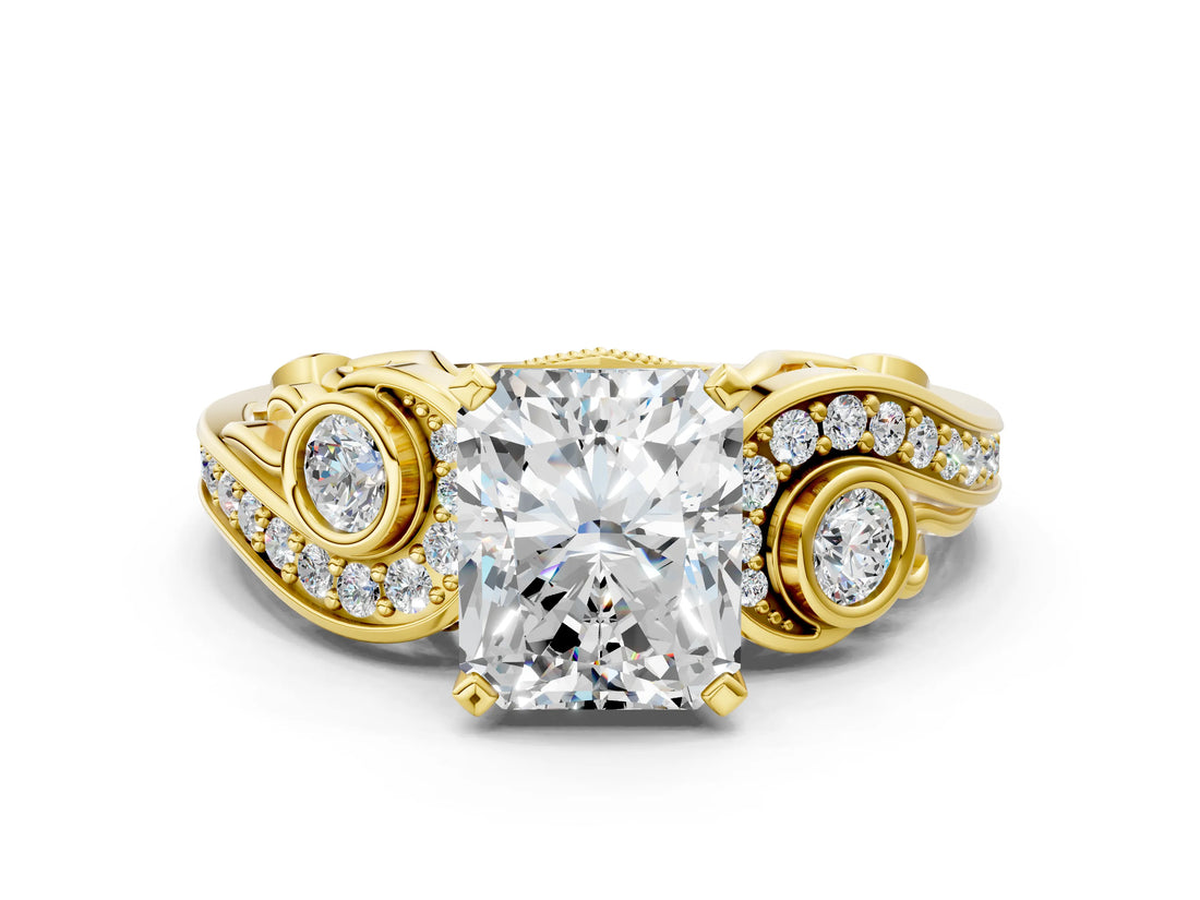 Yellow gold Radiant Cut Diamond Solitaire Ring with Milgrain Pavé Band and Four-Prong Setting_171