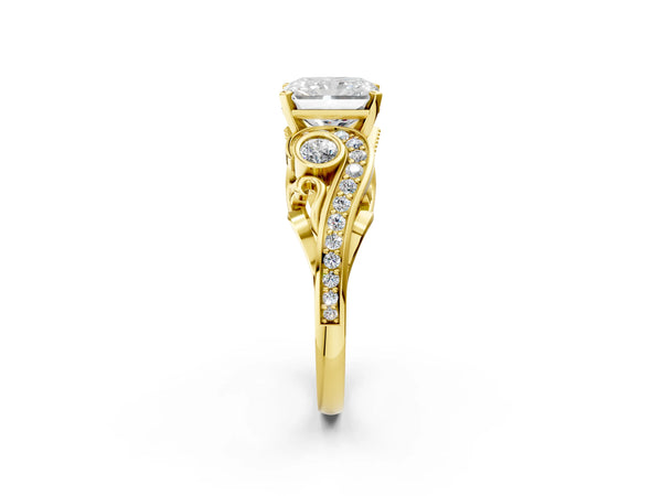 Yellow Gold Radiant Cut Vintage Swirl Engagement Ring Setting with Bezel Side Accents