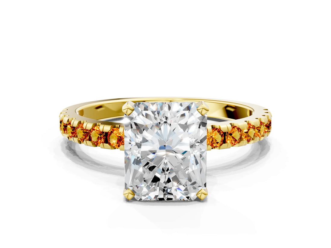 Yellow gold Radiant Cut Diamond Solitaire Ring with Pavé Band and Four-Prong Setting
