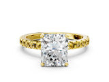 Yellow gold Radiant Cut Diamond Solitaire Ring with Pavé Band and Four-Prong Setting