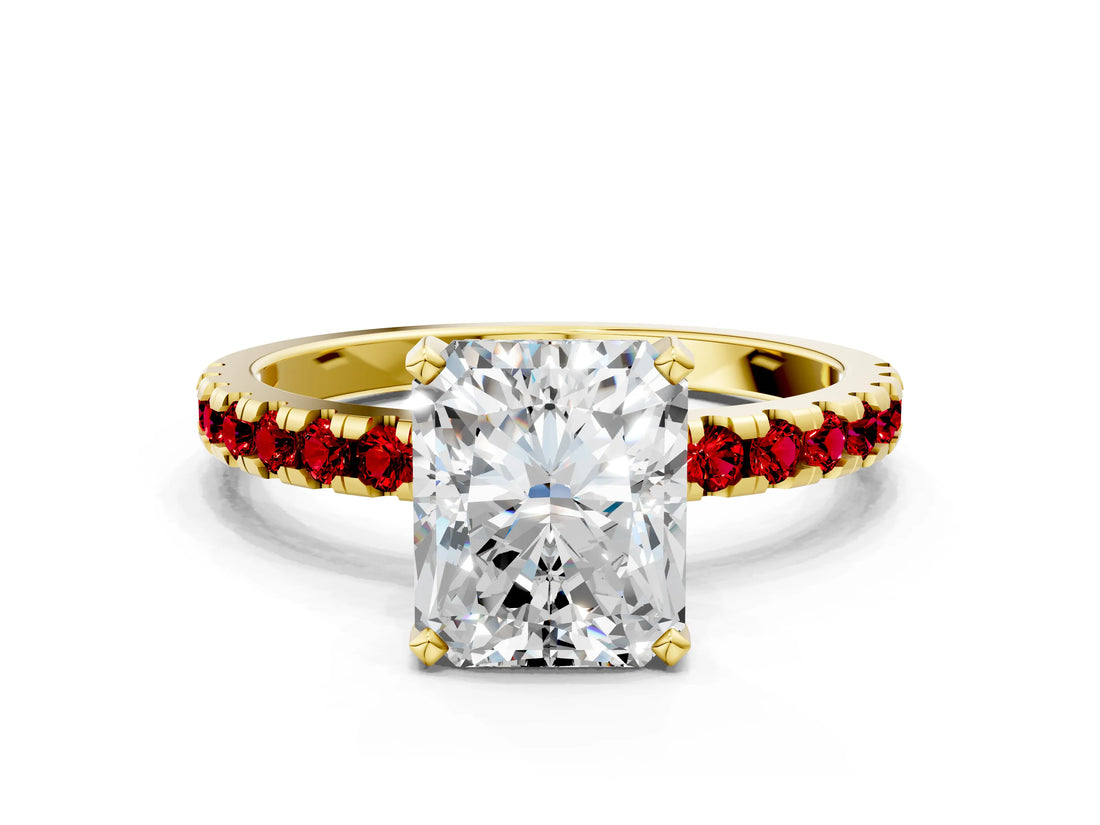 Yellow gold Radiant Cut Diamond Solitaire Ring with Pavé Band and Four-Prong Setting