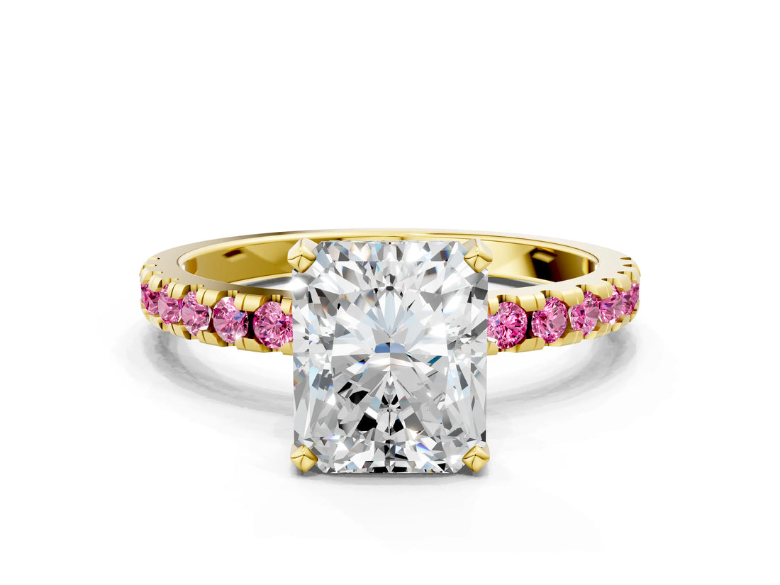 Yellow gold Radiant Cut Diamond Solitaire Ring with Pavé Band and Four-Prong Setting