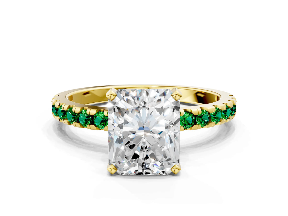 Yellow gold Radiant Cut Diamond Solitaire Ring with Pavé Band and Four-Prong Setting
