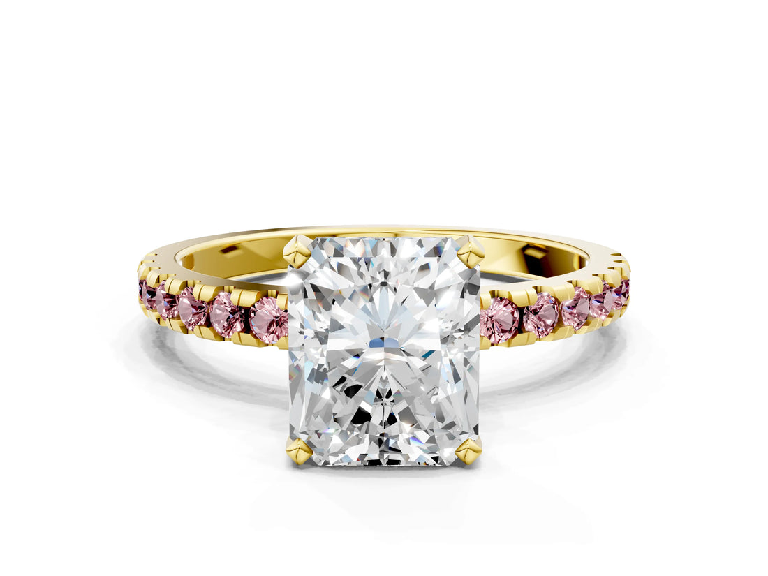 Yellow gold Radiant Cut Diamond Solitaire Ring with Pavé Band and Four-Prong Setting