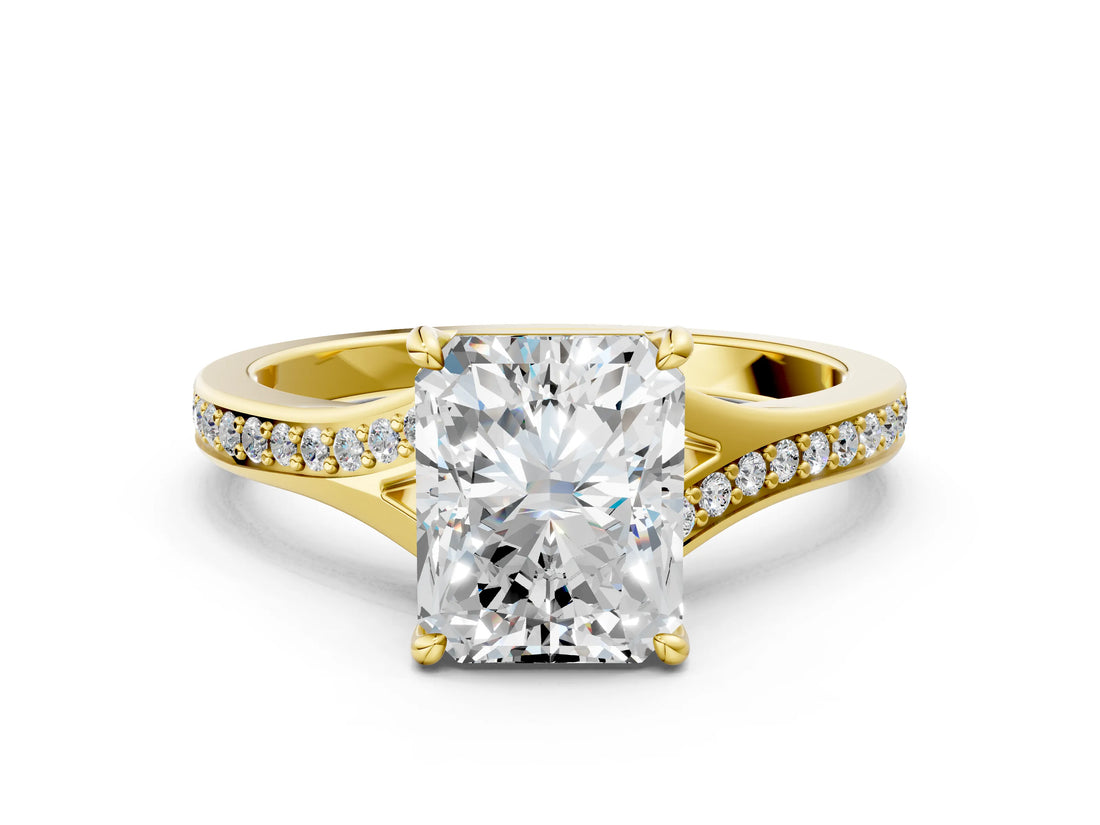 Yellow gold Radiant Cut Diamond Solitaire Ring with Pavé Band and Prong Setting_16