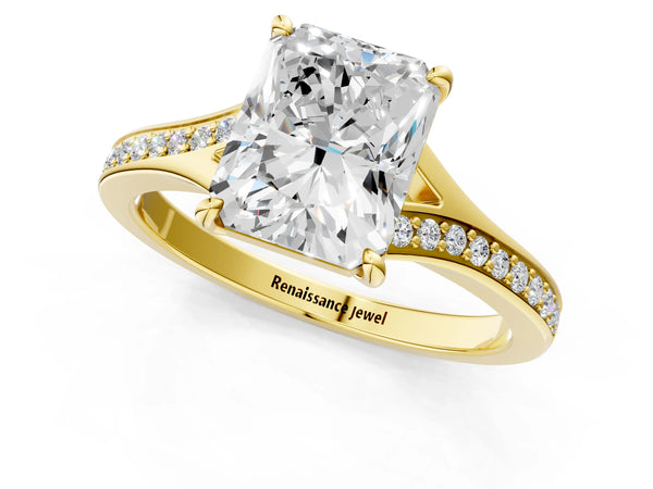 Yellow gold Radiant Cut Diamond Solitaire Ring with Pavé Band and Prong Setting