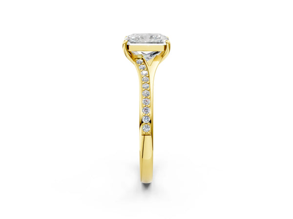 Yellow gold Radiant Cut Diamond Solitaire Ring with Pavé Band and Prong Setting