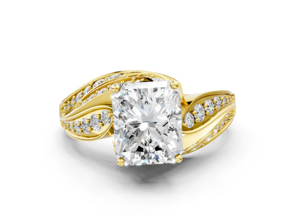Yellow gold Radiant Cut Diamond Solitaire Ring with Prong Setting and Twisted Pavé Band
