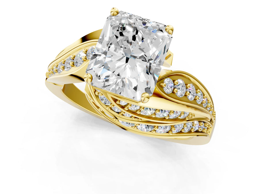 Yellow gold Radiant Cut Diamond Solitaire Ring with Prong Setting and Twisted Pavé Band