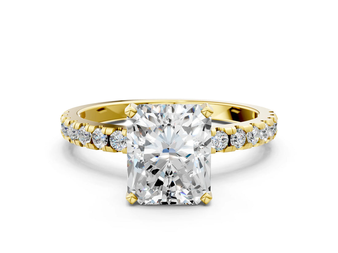 Yellow gold Radiant Cut Diamond Solitaire Ring with Round  Pavé Band and Four-Prong Setting_49