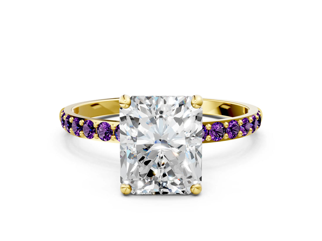 Yellow gold Radiant Cut Diamond Solitaire Ring with Round with Amethyst side stone Pavé Band and Prong Setting_12