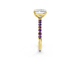 Yellow gold Radiant Cut Diamond Solitaire Ring with Round with Amethyst side stone Pavé Band and Prong Setting_14