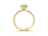 Yellow gold Radiant Cut Diamond Solitaire Ring with Round with Amethyst side stone Pavé Band and Prong Setting_15