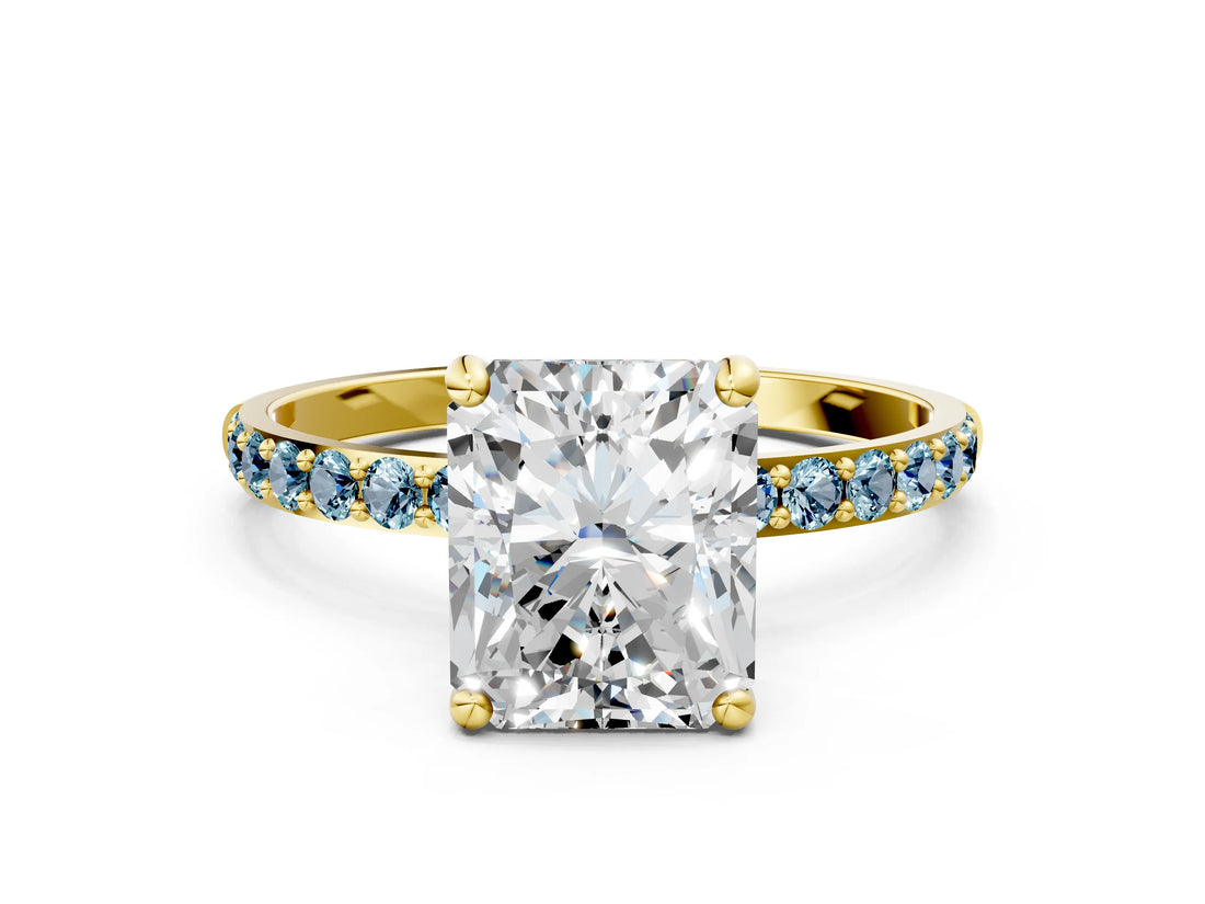 Yellow gold Radiant Cut Diamond Solitaire Ring with Round with Aquamarine side stone Pavé Band and Prong Setting_24