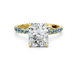 Yellow gold Radiant Cut Diamond Solitaire Ring with Round with Aquamarine side stone Pavé Band and Prong Setting_24