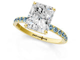 Yellow gold Radiant Cut Diamond Solitaire Ring with Round with Aquamarine side stone Pavé Band and Prong Setting_25