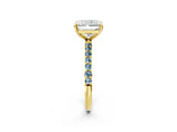 Yellow gold Radiant Cut Diamond Solitaire Ring with Round with Aquamarine side stone Pavé Band and Prong Setting_26