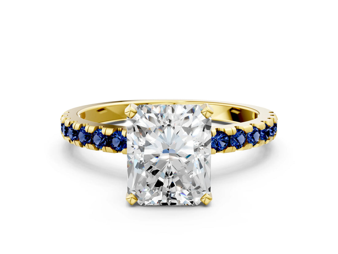 Yellow gold Radiant Cut Diamond Solitaire Ring with Round with Blue Sapphire side stone Pavé Band and Four-Prong Setting_36