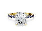 Yellow gold Radiant Cut Diamond Solitaire Ring with Round with Blue Sapphire side stone Pavé Band and Prong Setting_12