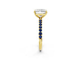 Yellow gold Radiant Cut Diamond Solitaire Ring with Round with Blue Sapphire side stone Pavé Band and Prong Setting_14