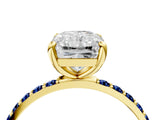 Yellow gold Radiant Cut Diamond Solitaire Ring with Round with Blue Sapphire side stone Pavé Band and Prong Setting_16