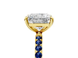 Yellow gold Radiant Cut Diamond Solitaire Ring with Round with Blue Sapphire side stone Pavé Band and Prong Setting_17