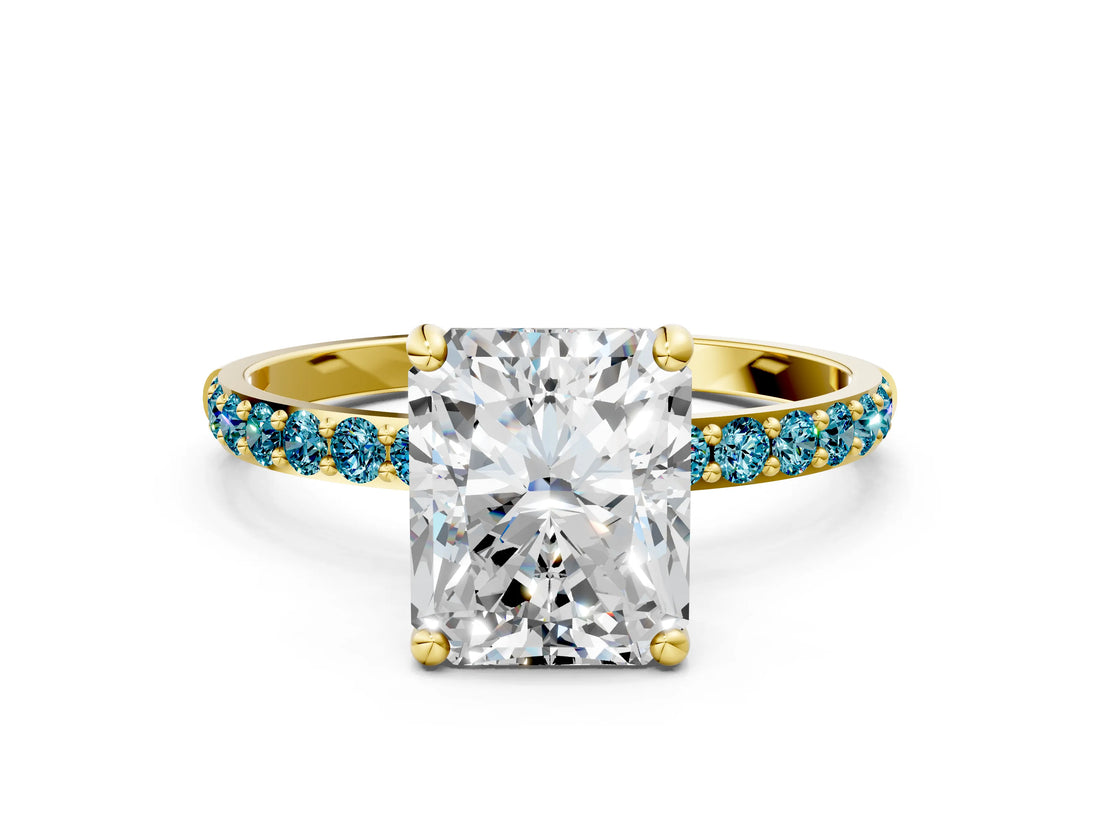 Yellow gold Radiant Cut Diamond Solitaire Ring with Round with Blue Topaz side stone Pavé Band and Prong Setting_12