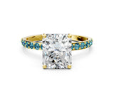 Yellow gold Radiant Cut Diamond Solitaire Ring with Round with Blue Topaz side stone Pavé Band and Prong Setting_12
