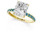 Yellow gold Radiant Cut Diamond Solitaire Ring with Round with Blue Topaz side stone Pavé Band and Prong Setting_13