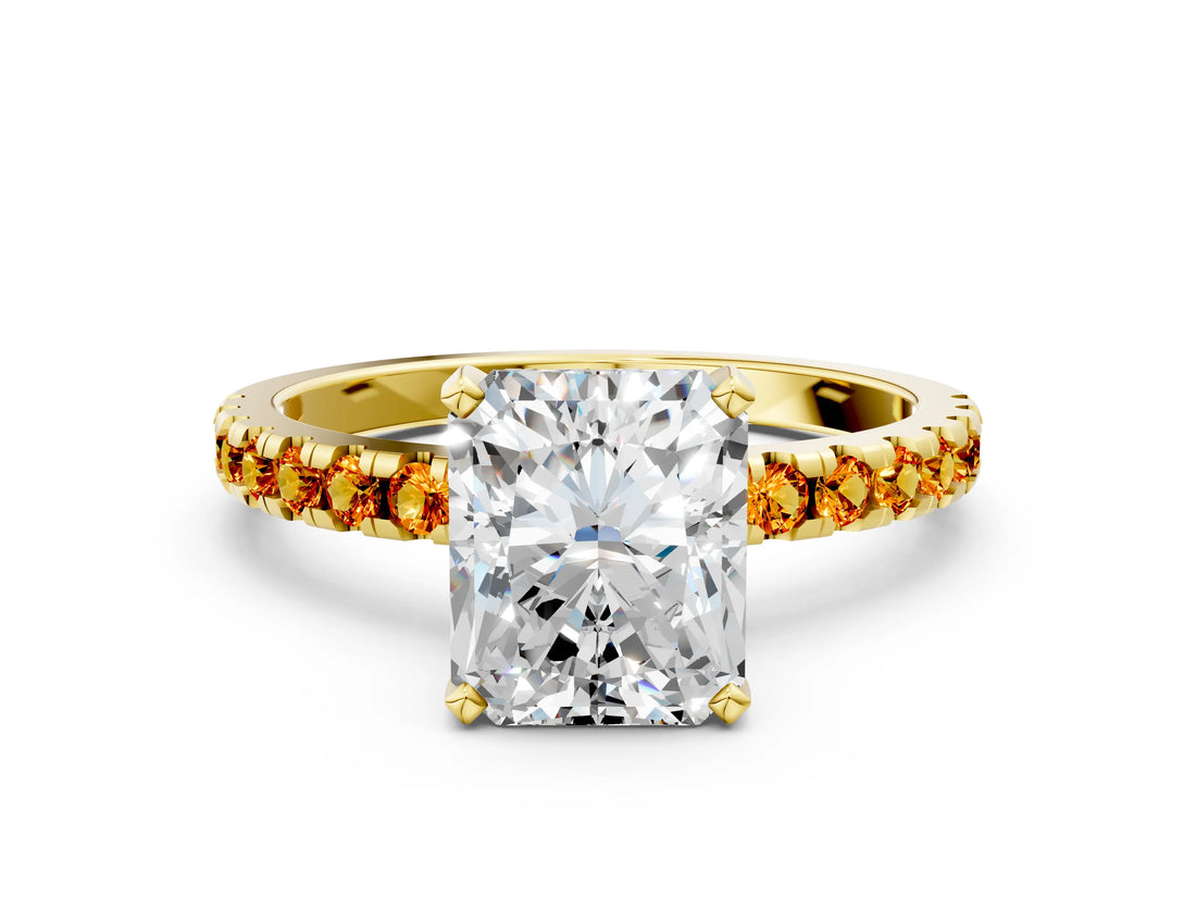 Yellow gold Radiant Cut Diamond Solitaire Ring with Round with Citrine side stone Pavé Band and Four-Prong Setting_36