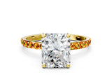 Yellow gold Radiant Cut Diamond Solitaire Ring with Round with Citrine side stone Pavé Band and Prong Setting_12