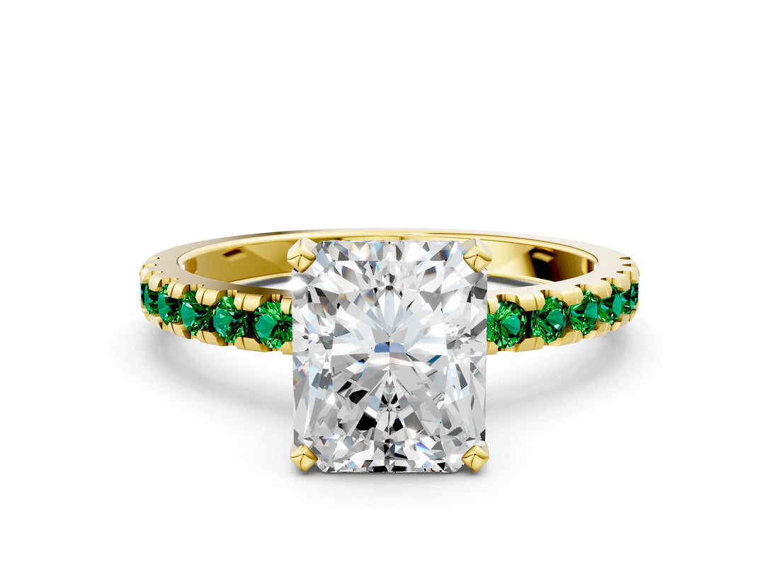 Yellow gold Radiant Cut Diamond Solitaire Ring with Round with Emerald side stone Pavé Band and Four-Prong Setting_36